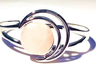 Rose Quartz Half Moon Cuff Bracelet, Silver Cuff Bangle, Gemstone Bracelet, Statement Bracelet, Christmas Gift, Gift for her, Pink Stone