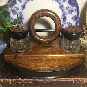 Antique Victorian Circa 1900’s Double Inkwells Wooden Base