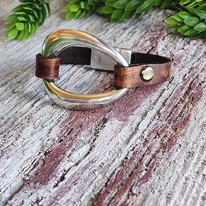 Modern Leather Bracelet, Silver Organic Shaped Focal, Magnetic Clasp, Genuine leather bracelet, Leather Jewelry