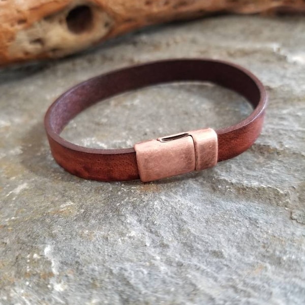 Genuine Leather Bracelet, Brown leather, Copper, Magnetic Clasp, Mens Bracelet, Womens Bracelet, Minimalist, Southwestern