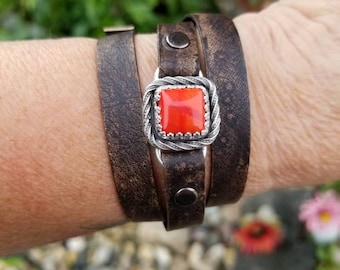 Rustic Antiqued Silver Flowers on a Genuine Red Stitched Leather Bracelet
