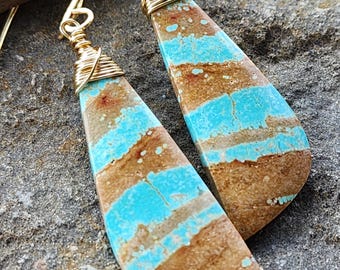 Nevada Number 8 Turquoise Dangle Earrings: Gold Tone Wire, Southwestern, Turquoise Jewelry