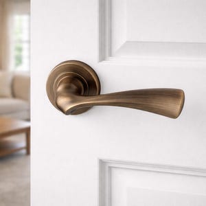 May include: Bronze-coloured door handle with a curved lever and circular backplate, mounted on a white door. The handle's design features a smooth, ergonomic shape. The background shows a blurred living room setting.