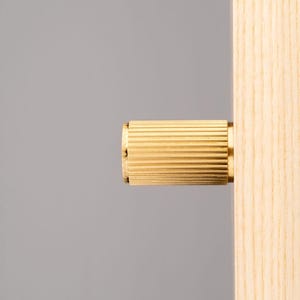 May include: A close-up shot of a brass cabinet knob with a ribbed design, attached to a light-coloured wooden door. The knob is cylindrical and has a warm, golden hue. The background is a solid grey.