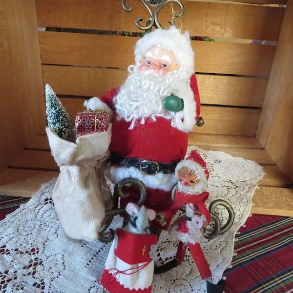 Vintage Soft Santa Figurine/7" Silvestri/Small Mouse and Elf/Lot of 3 Vintage Christmas/Mid-Century