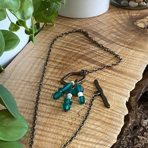 Mother of Pearl Bone Blue-Green Glass Bead Brass Nickel-Free Metal Chain Pendant Necklace, Gemstone Jewelry, Bone Jewelry, Mother of Pearl