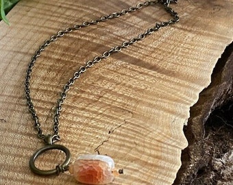 Fire Agate Pendant Necklace, Orange Jade, Brass Chain, Magnetic Clasp