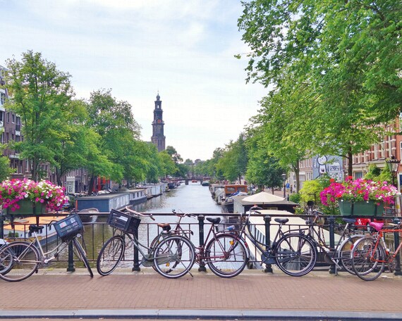 Amsterdam Bikes On Canal Bridge Spring Green Trees Colorful Etsy