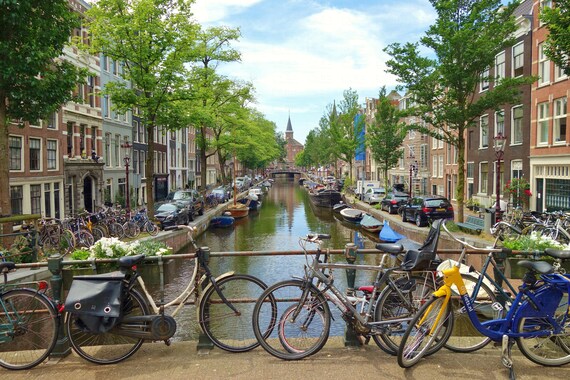 Scenic Amsterdam Bikes Parked Canal Bridge Spring Trees White Etsy