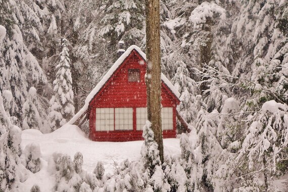Little Red Cabin Snow On Roof Surrounded By Snow Covered Etsy