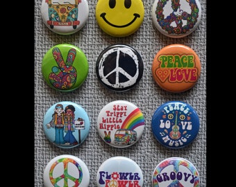 Hippie Button Set 5 Assorted Peace & Love Buttons 60's 70's 2 inch Diameter