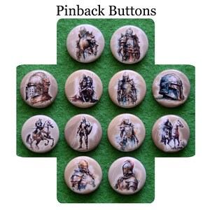 May include: A collection of pinback buttons with illustrations of medieval knights in armor. The buttons feature various poses and details of the knights, set against a beige background. The text "Pinback Buttons" is at the top.