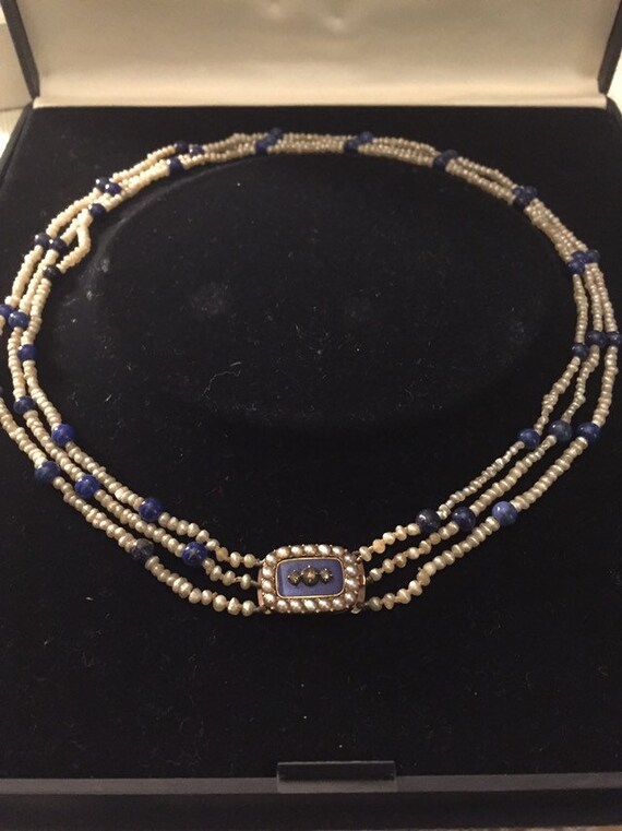 Antique Georgian seed pearl Lapis.18ct Enamel Diam