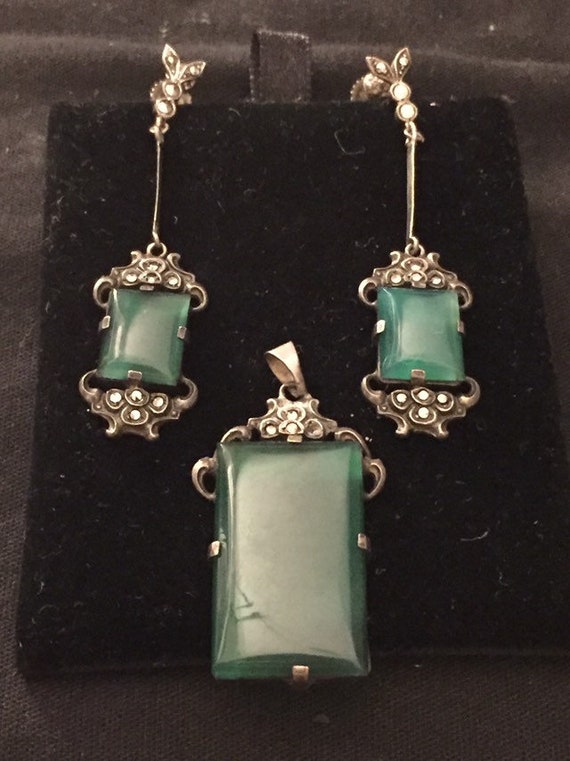 Art Deco Marcasite Green Stone Earrings and penden