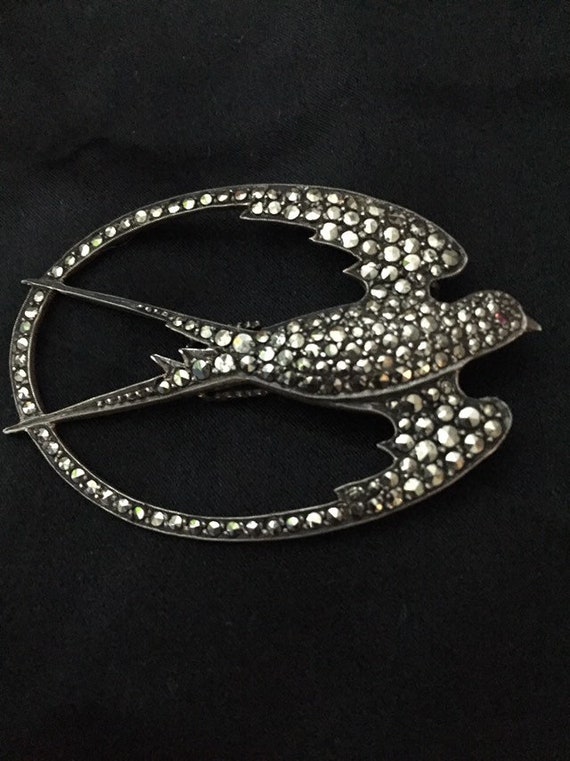 Art Deco Silver marcasite Swallow dress clip/brooc