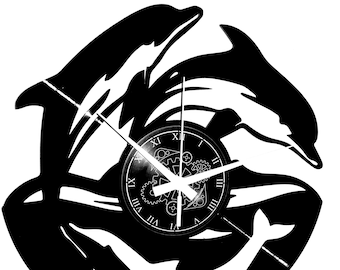 DOLPHINS - Vinyl Wall Clock - Sea Water Pool Fish Dolphin Ocean Gift Idea Vintage Handmade