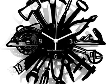 Horloge murale – Outils charpentier artiste maçon plombier mécanicien outils de garage – 30 x 30 cm/12 x 12 Inc.