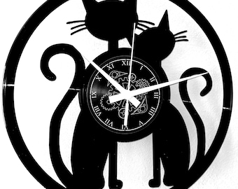 Wall Clock Vinyl Clock - Vintage Handmade - Animals House - Cat Cats