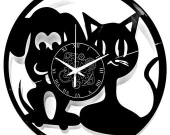 DOG AND CAT - Vinyl Wall Clock - Pets Home Gift Idea Vintage Handmade