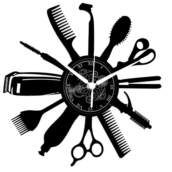 Horloge Vinyle Horloge Murale - Femme Homme Idée Cadeau Coupe de Cheveux Coiffeur Barbier Salon de Coiffure Salon de Beauté