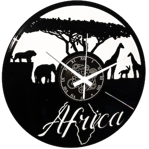 AFRIQUE - Horloge murale en vinyle - Voyage Trekking Safari Aventure Faune Vacances Savane Nature Idée cadeau faite à la main