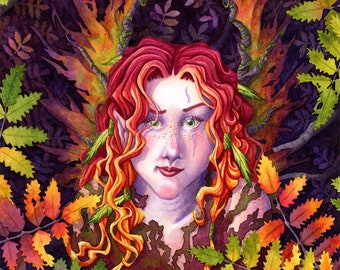 Rowan Fairy A6 Autumn Greeting CARD Fantasy Fall Forest Tree Leaves Elf Wicca Pagan Fae Nature Charming Eco Biodegradable Recycled UK Art