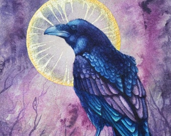 Raven Crow A6 BLANK Birthday Greeting CARD Norse Mythology Huginn Muninn Odin Night Winter Nature Tree Animal Pagan Wicca Fantasy Art