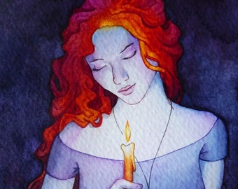 Girl with Candle A6 BLANK Yule Winter Solstice Christmas Greeting CARD Festive Lights Romantic Peace Pagan Night Lady Watercolour Art Eco UK