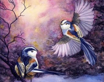 PACK of 10 Long-tailed Tits Birds A6 Christmas Birthday Greeting CARD Winter Garden Forest Nature Snow Sunset Solstice New Year Eco UK Art