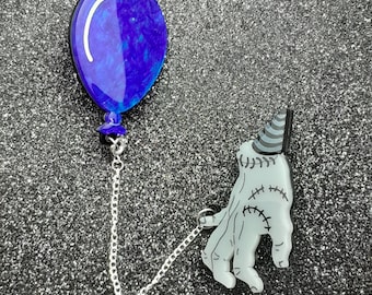 Hand and Blue Balloon Handmade Acrylic and Resin Double Brooch