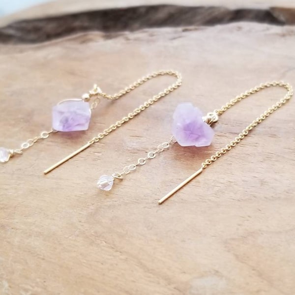 Raw Amethyst Threader Earrings, Amethyst Threader Earrings, Amethyst long Earrings, Raw Stone Earrings, February Birthstone Earrings