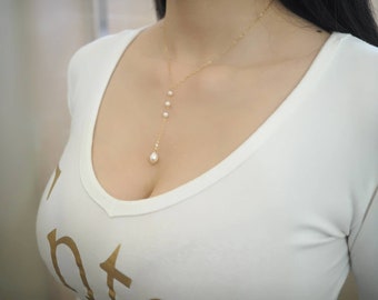 Genuine Freshwater Pearl Necklace, Bridal Necklace, Bridesmaid Necklace, Lariat  Necklace, Y Pearl Necklace, Minimalist Y Necklace
