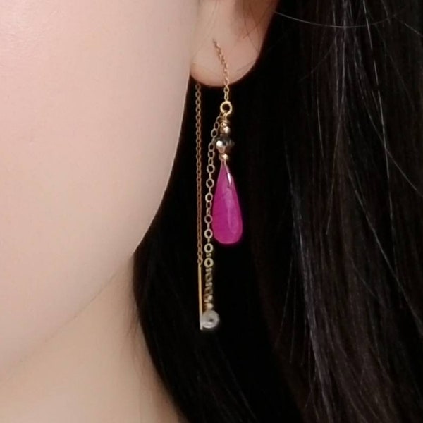 Magenta Jade Threader Earrings, Tear Drop Earrings, Pink Jade Threader Earrings, Gemstone Threader Earrings, Gemstone Long Earrings, Gift