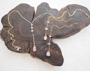 Collar Y de cuarzo rosa crudo, collar lariat de cuarzo rosa, collar de piedra de nacimiento de enero, collar de piedra cruda, collar de cristal crudo,