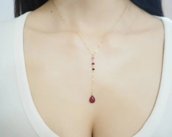 Ombre Ruby Y Necklace, Ruby Y Necklace, July Birthstone Necklace, July Birthday Gift, Shaded Ruby Y Necklace, Genuine Ruby Necklace,