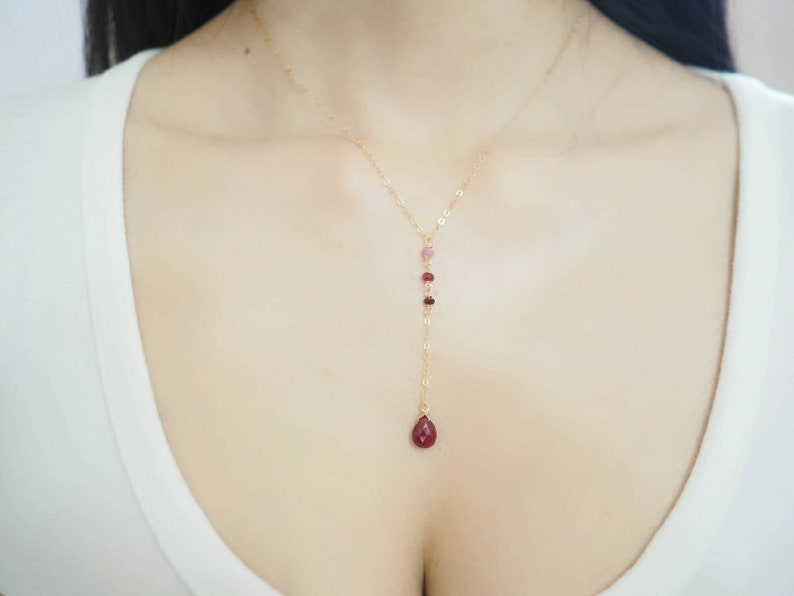 Ombre Ruby Y Necklace, Ruby Y Necklace, July Birthstone Necklace, July Birthday Gift, Shaded Ruby Y Necklace, Genuine Ruby Necklace, 