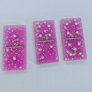 Pink Rhinestone Dominos with Case. Resin Dominos, Glitter Tile Game, Handmade, Personalize, Double Sixes