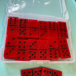 Red Dominos with Case. Resin Dominos, Glitter Tile Game, Handmade, Personalize, Double Sixes, Red and Black Dominos