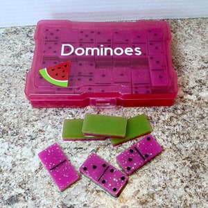 Watermelon Dominos with Case. Resin Dominos, Glitter Tile Game, Handmade, Personalize, Double Sixes, Dark Pink and Green