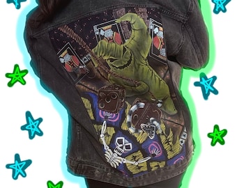 Oogie Boogie Inspired One of a Kind Hand Painted Jean Jacket, Glow in the Dark Custom Halloween Nightmare Before Christmas Themed Denim