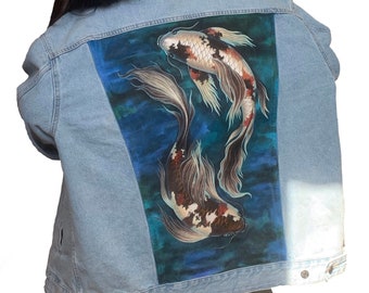 One of a Kind Denim Jacket with Swimming Koi Fish, Hand Painted Streetwear Wearable Art Pisces Star Sign Astrology Inspired Perfect Gift