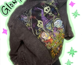 Hand Painted Lock Shock and Barrel One of a Kind Glow in the Dark Jean Jacket, Nightmare Before Christmas Inspired Denim Jacket