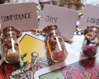 Intention Bottle Keychain - Witchy Gift of Love, Abundance, Protection, Courage, Motivation, Confidence, Passion, Joy, Intuition, Healing