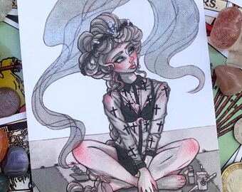 Smoke and Mirrors - Hand Embellished Glitter Art Print - Witchy Artwork