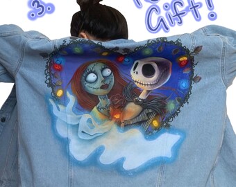 Original Jean Jacket Art Jack and Sally in Love One of a Kind Hand Painted Custom Nightmare Before Christmas Inspired Denim Wearable Art