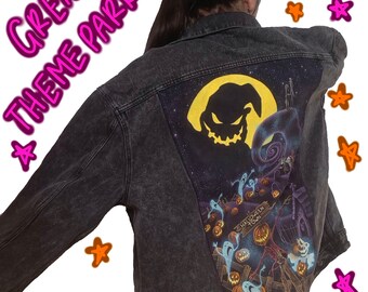 Hand Painted Nightmare Before Christmas Inspired Jean Jacket, One of a Kind Glow in the Dark Custom Spooky Halloween Town Themed Denim Piece