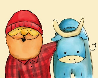 Paul Bunyan and Babe the Blue Ox watercolor art print