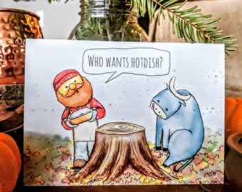 Quem quer prato quente? Cartões de Natal de Paul Bunyan e Babe the Blue Ox Minnesota