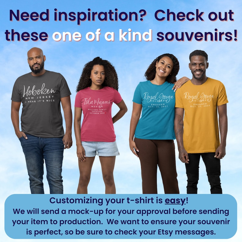 May include: Four t-shirts with different designs and colors. The shirts feature text and graphics, including "Hoboken New Jersey I Hear It's Nice", "Isla Mujeres", and "Royal Gorge Engaged Oct 11, 2021".