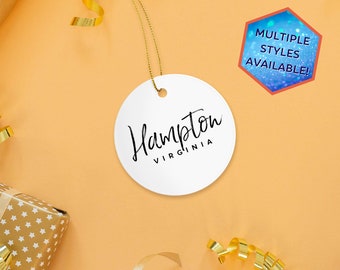 Hampton Virginia Custom Christmas Ornament | Personalized Hampton VA Souvenir | Vacation Travel Decoration | Housewarming Gift